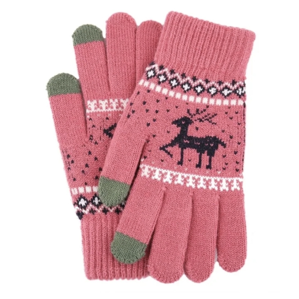 Pink & Green Reindeer Touchscreen Gloves